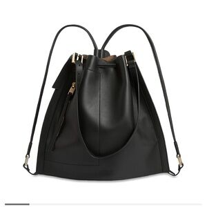 All Saints Black Leather Backpack with Gold Hardware